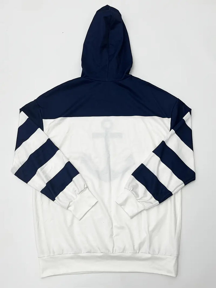 Stylish women's long sleeve nautical anchor hoodie. Fashionable casual wear with a hooded design and comfortable fit.