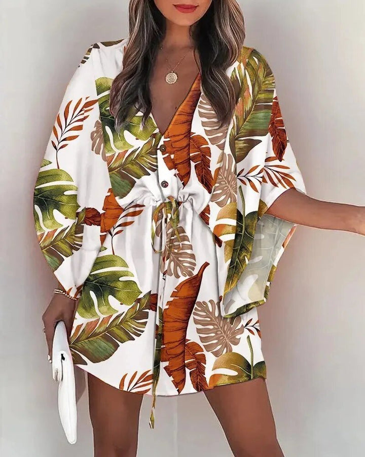 Women's summer V-neck dress with elegant ruffle sleeves, suitable for warm weather