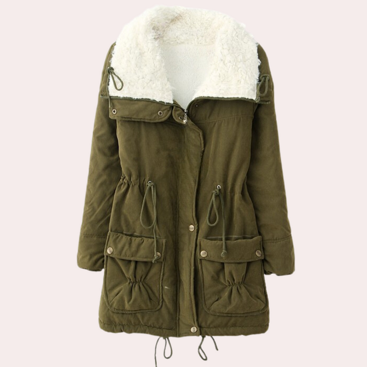 Cozy warm women's Noelle winter coat, keeping you snug & stylish against cold weather. Essential fall outerwear.