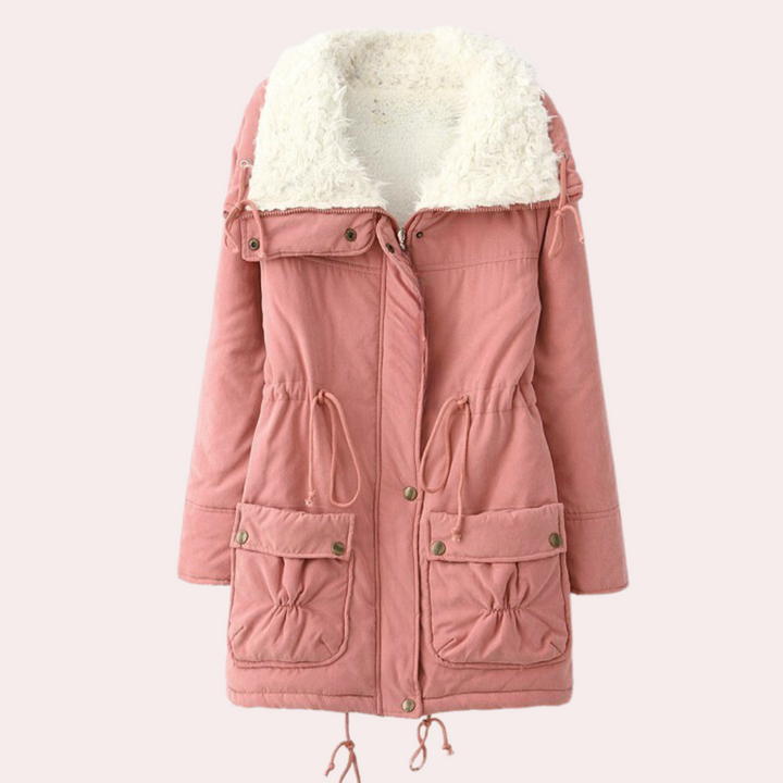 Women's warm and cozy winter coat, Noelle, offering elegant style and comfort for cold weather. Everyday wear.