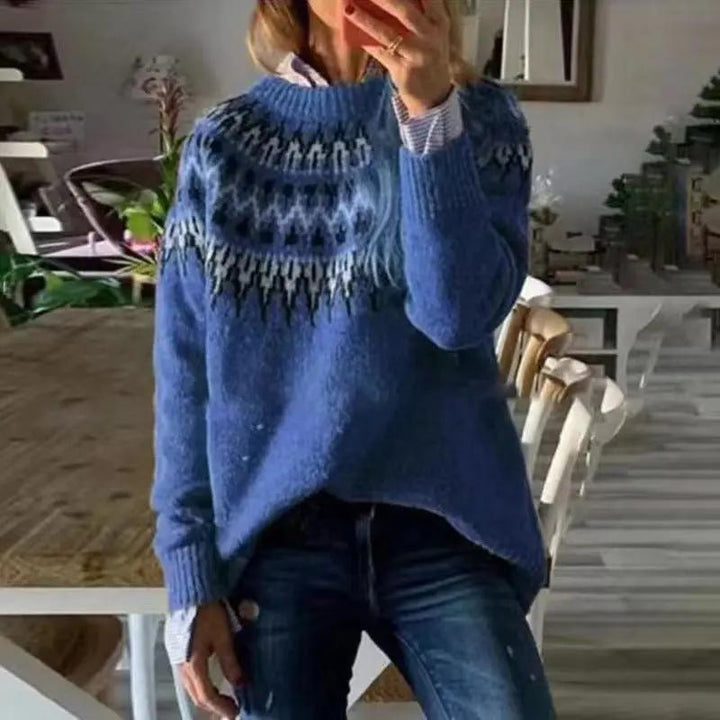 Comfortable women's Fair Isle knitwear. Unique crewneck sweater for winter layering & cozy style.