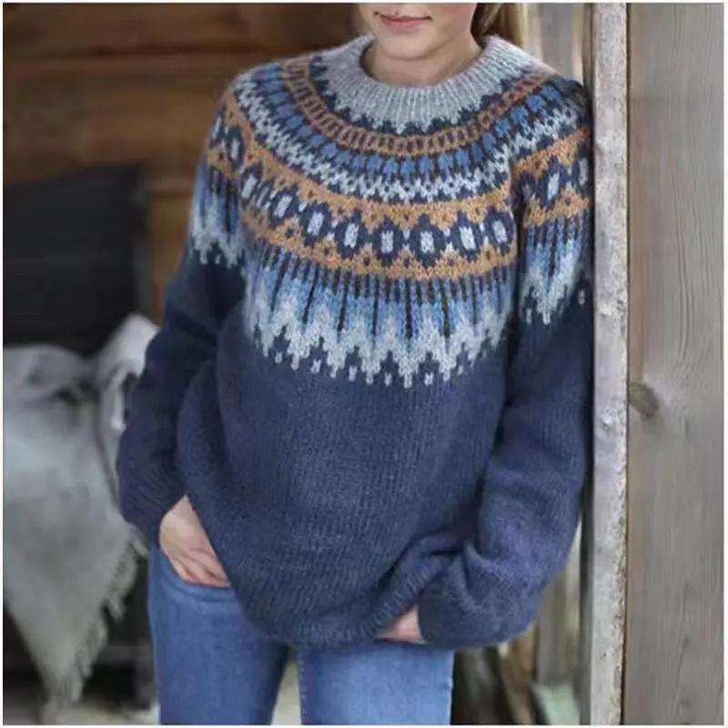 Cozy winter Fair Isle crewneck jumper for women. Perfect knit sweater for festive occasions & casual comfort.