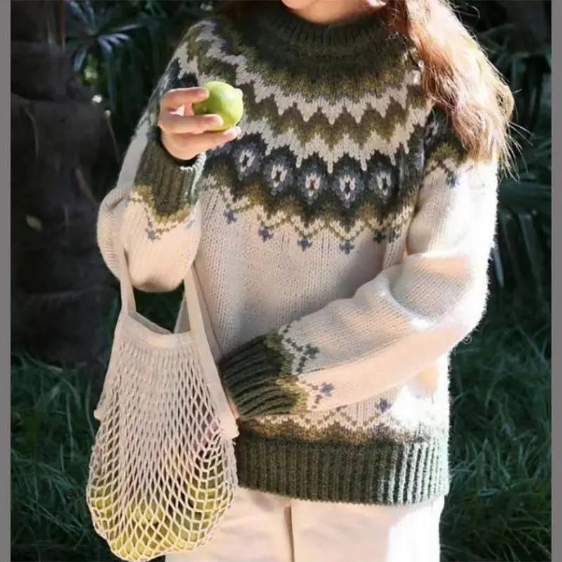 Stylish women's Fair Isle crewneck jumper. Unique patterned winter knitwear sweater for cozy, casual fashion.