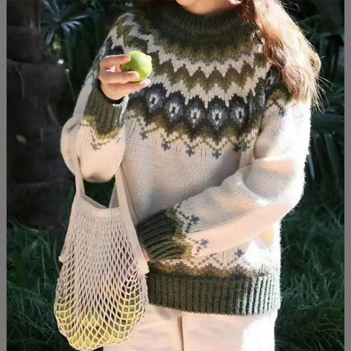 Stylish women's Fair Isle crewneck jumper. Unique patterned winter knitwear sweater for cozy, casual fashion.