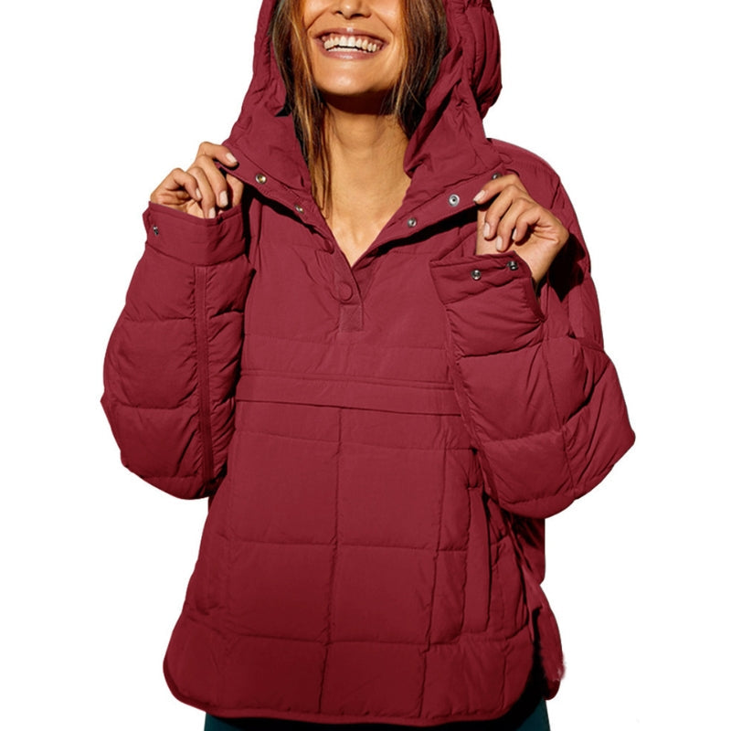 Noria women's hooded puffer, a warm, water-resistant pullover for winter wear.