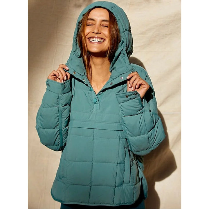 Front view of women's Noria pullover puffer jacket in black, showing quilted design & hood.