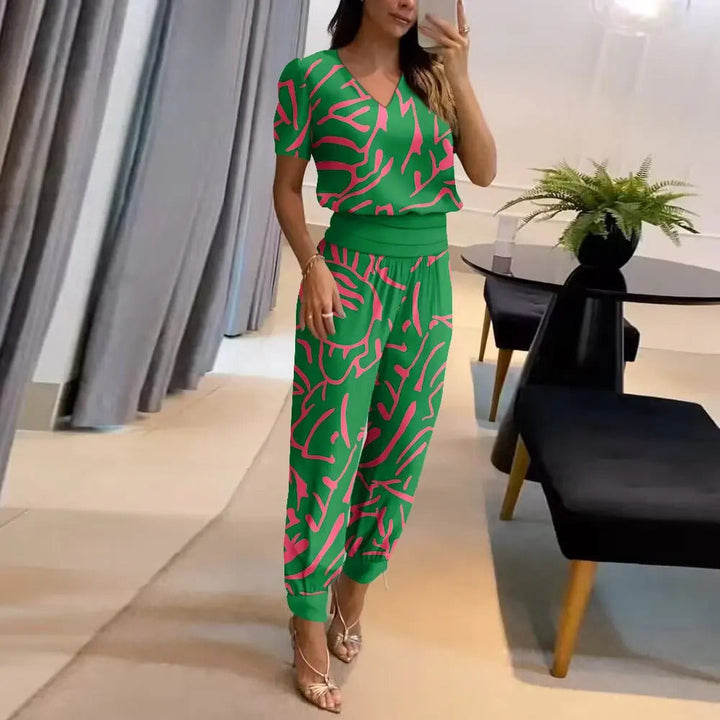 Fashionable Nova printed jumpsuit for women, offering comfortable and stylish wear. Trendy wide-leg and V-neck design.