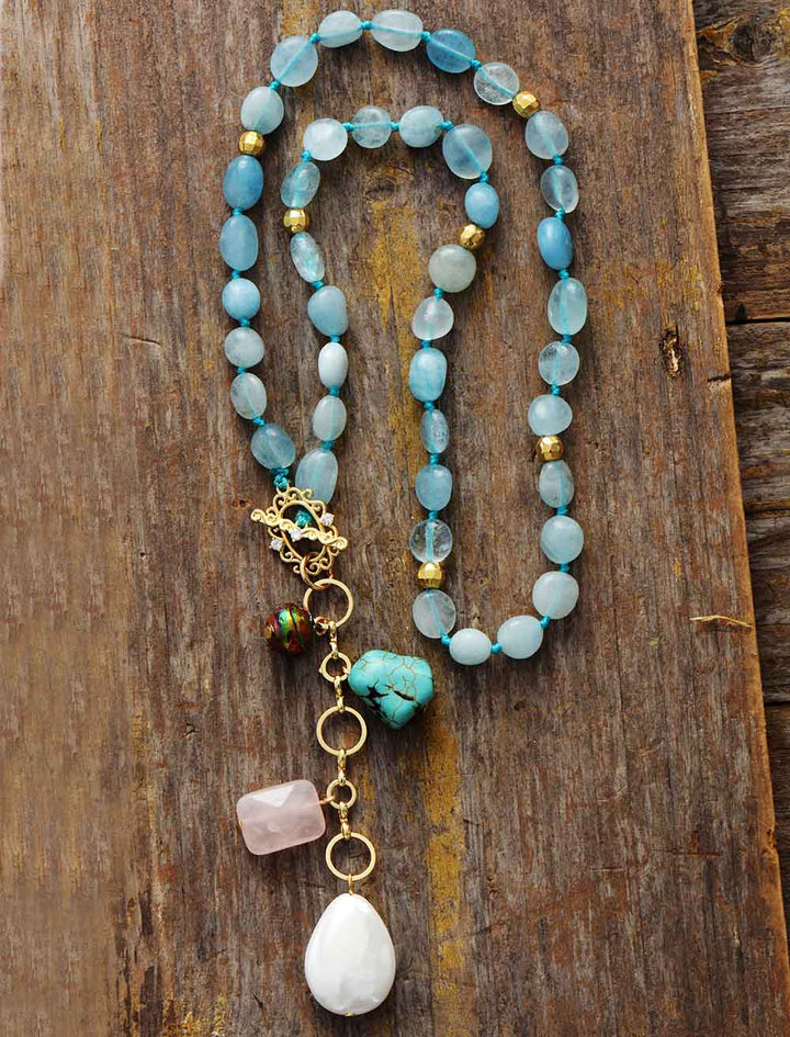 Women's Ocean Drop Mala Necklace with aquamarine, turquoise & rose quartz healing stones for meditation.