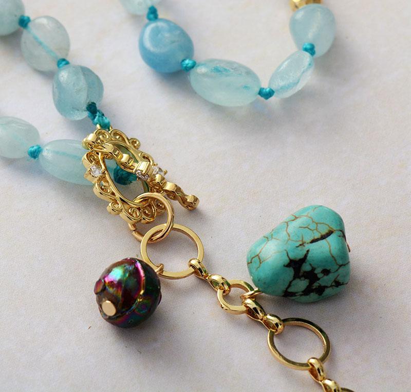 Aquamarine, turquoise & rose quartz Ocean Drop mala necklace. Beautiful healing stone spiritual jewelry.