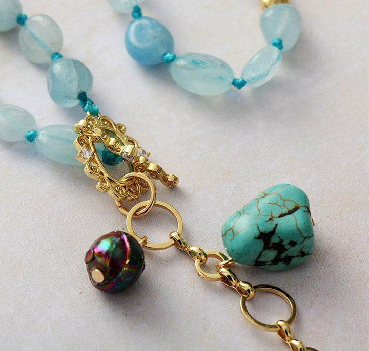 Aquamarine, turquoise & rose quartz Ocean Drop mala necklace. Beautiful healing stone spiritual jewelry.