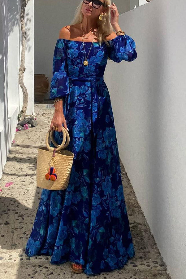 Chic women's off-shoulder floral maxi dress. Flowy & comfortable, ideal for summer evenings, parties, or vacation.