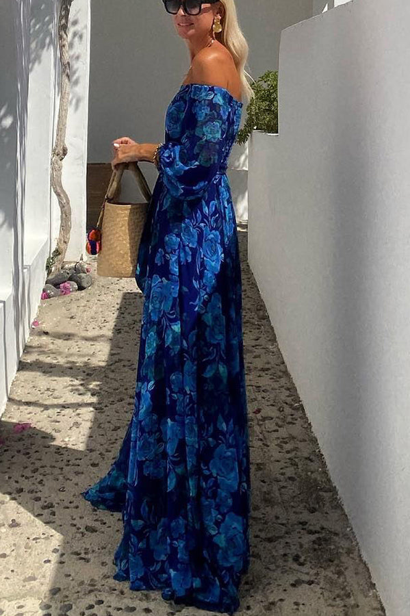 Elegant off-shoulder floral maxi evening dress for women. Flowy design ensures comfort & a chic look for any party.