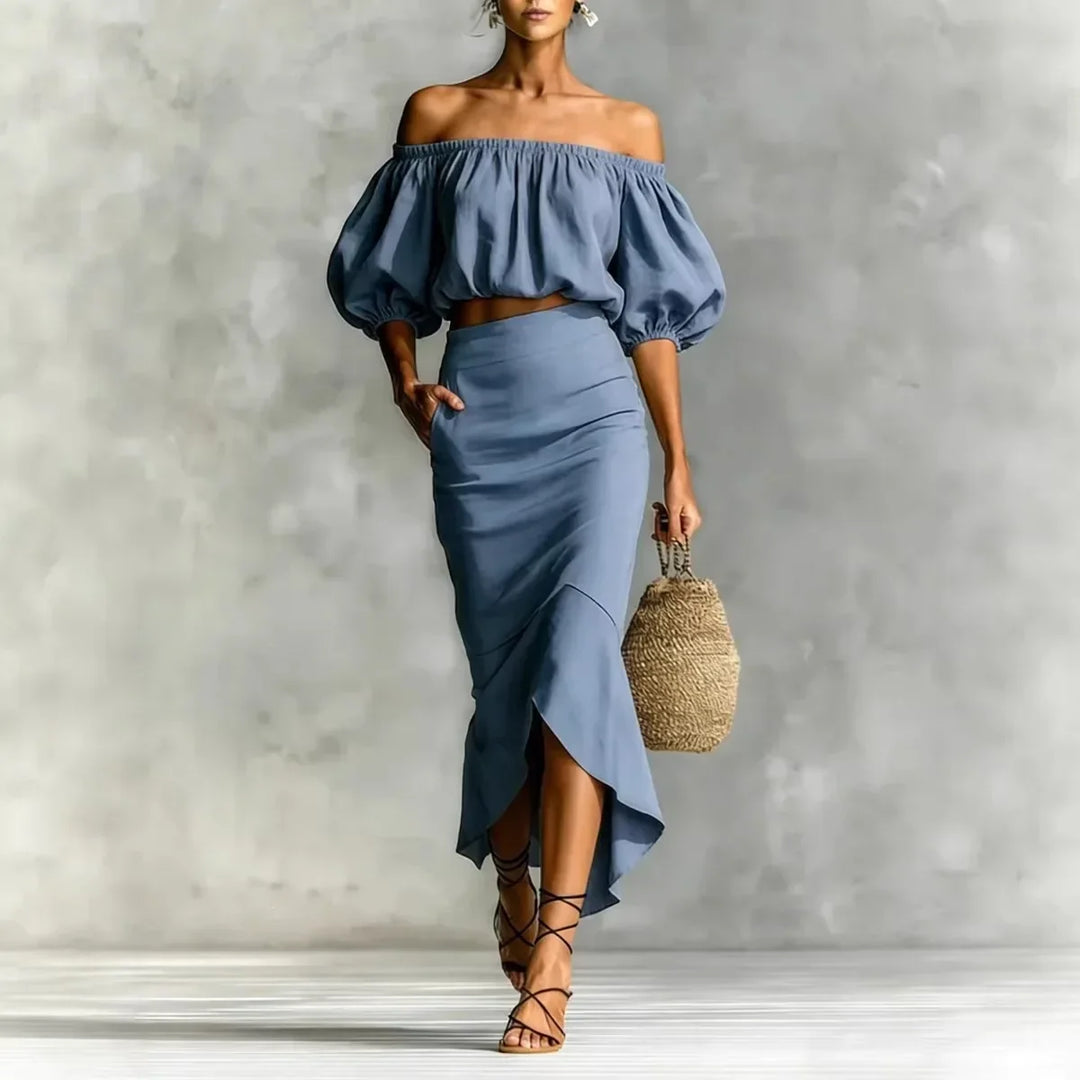 Elegant women's off-shoulder puff sleeve top & wrap midi skirt set. Chic summer fashion two-piece outfit.