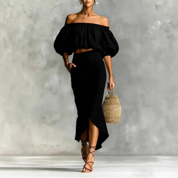 Women's off-shoulder puff sleeve crop top and midi skirt two-piece set. Ideal for garden parties & vacation.