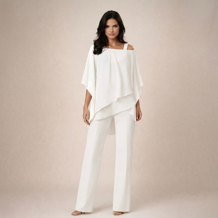 Women's off-shoulder top and wide-leg pants matching set. Comfortable, elegant casual summer two-piece outfit.