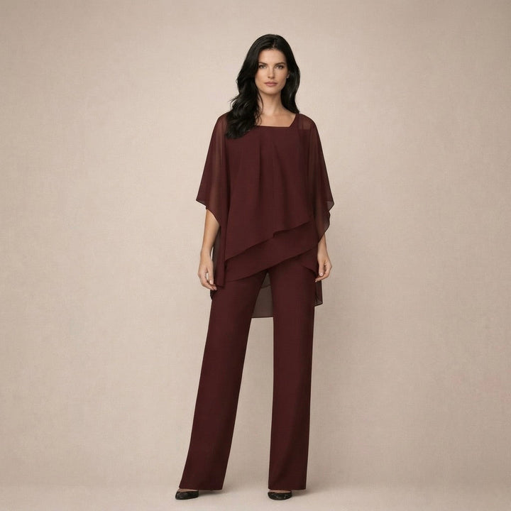 Women's off-shoulder top & wide-leg pants set. A comfortable, chic two-piece outfit for elegant summer fashion.