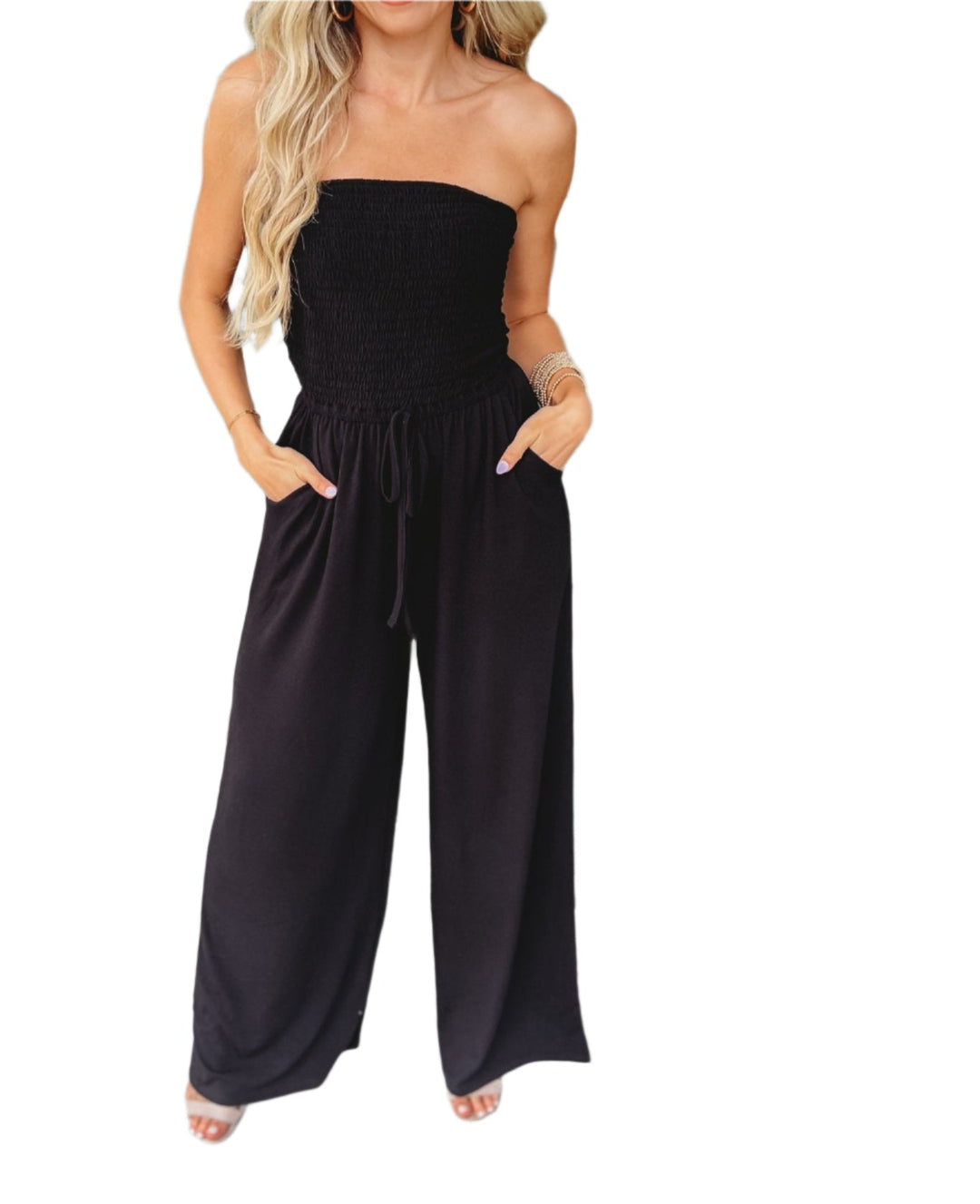 Elegant women's off-shoulder wide-leg playsuit. A trendy summer jumpsuit for stylish ladies' apparel.