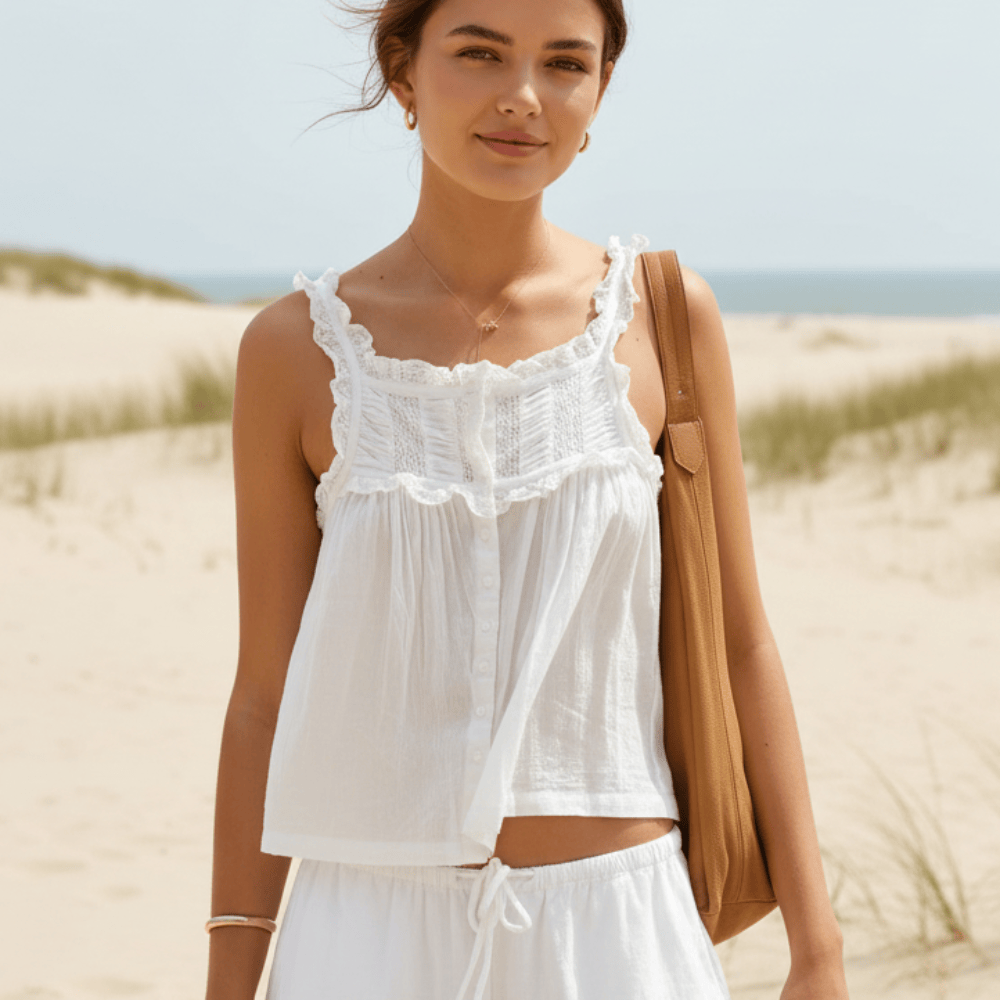 Women's off-white lace trim ruffle crop top, ideal for boho festival style, summer fashion, and beach wear.