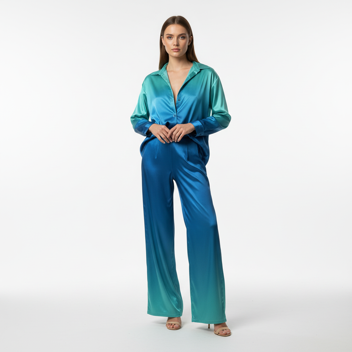 Casual chic women's ombre lounge wear, two-piece set with a beautiful gradient.