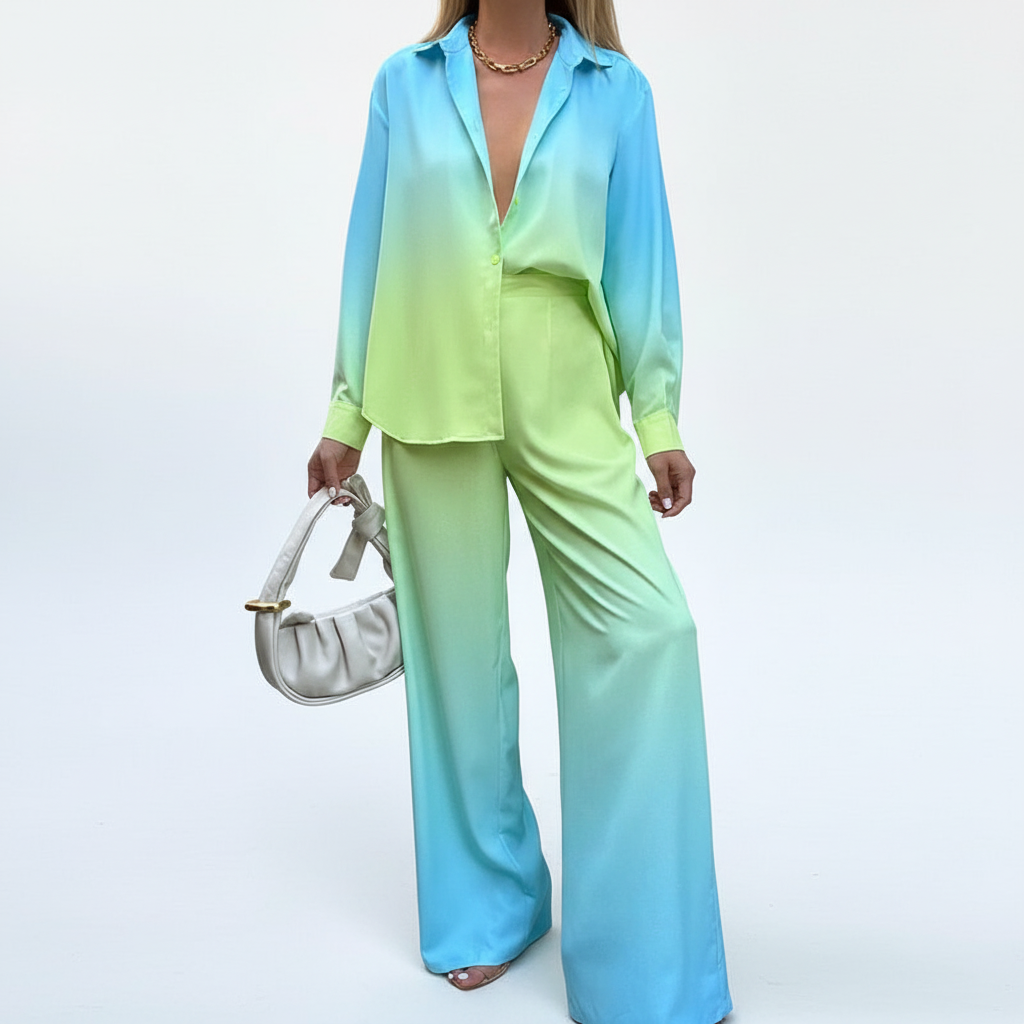 Ombre gradient two-piece set for women, offering stylish comfort and spring attire.
