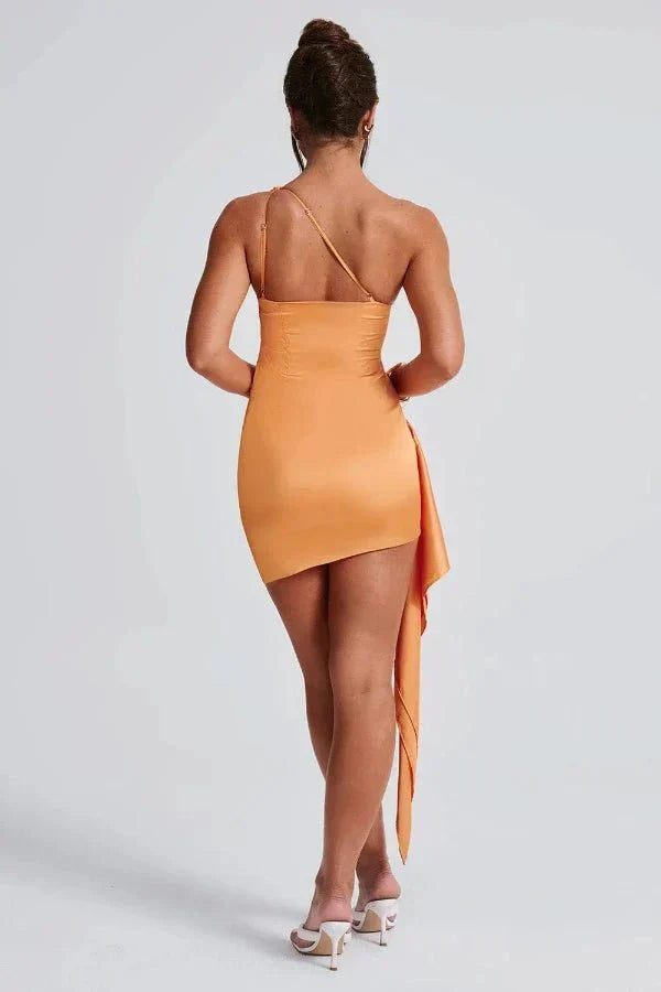 Women's elegant one-shoulder draped mini cocktail dress, ideal for special occasion evening wear.