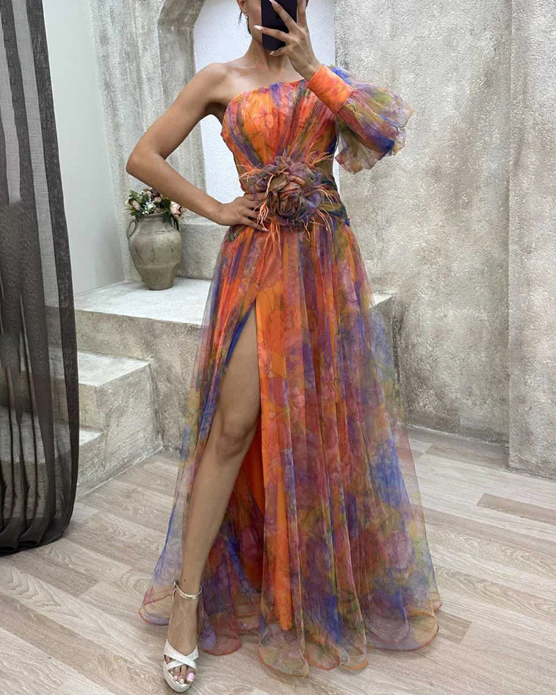 Stylish women's floral one-shoulder maxi dress with a sophisticated high slit for parties & events.