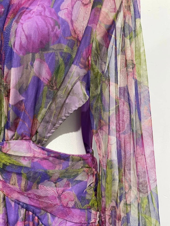 Vibrant floral one-shoulder maxi dress for women, featuring a flattering high slit & elegant design.