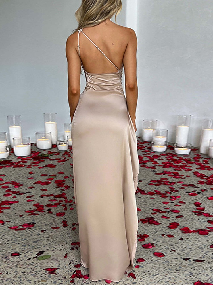 Women's glamorous one shoulder formal dress. Shiny, floor-length gown for wedding guests & evening events.