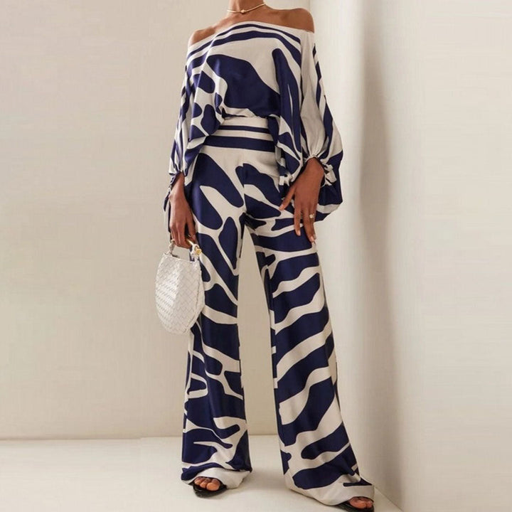 Women's fashion: Printed one-shoulder co-ord set, matching wide-leg pants. A stylish two-piece statement outfit.