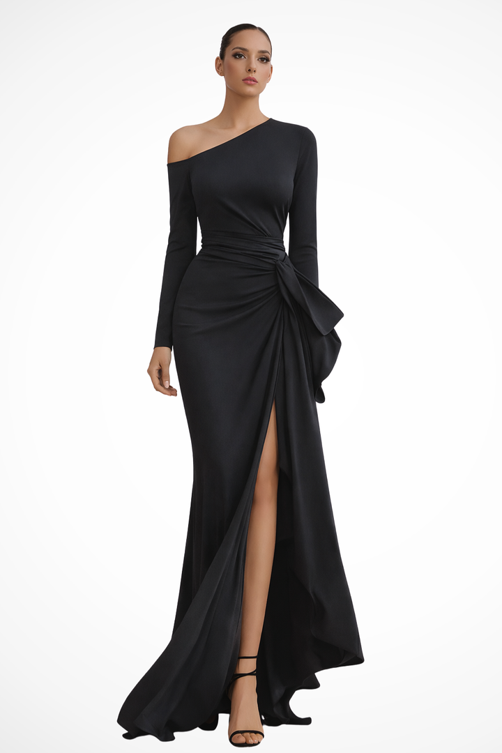 Women's one shoulder ruched maxi dress with high slit, perfect for formal events & parties.