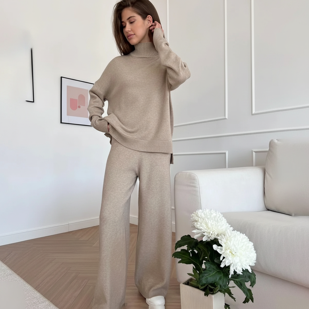 Women's One-Size Knit Sweater and Jogger Lounge Set in gray, perfect for autumn and winter loungewear