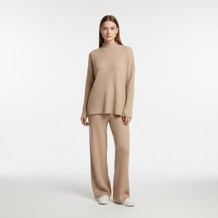 Winter fashion women's knit set, featuring a cozy sweater and jogger pants for warmth and style