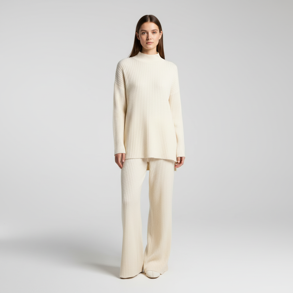 Women's knitted two-piece loungewear set, featuring a sophisticated sweater and relaxed jogger trousers