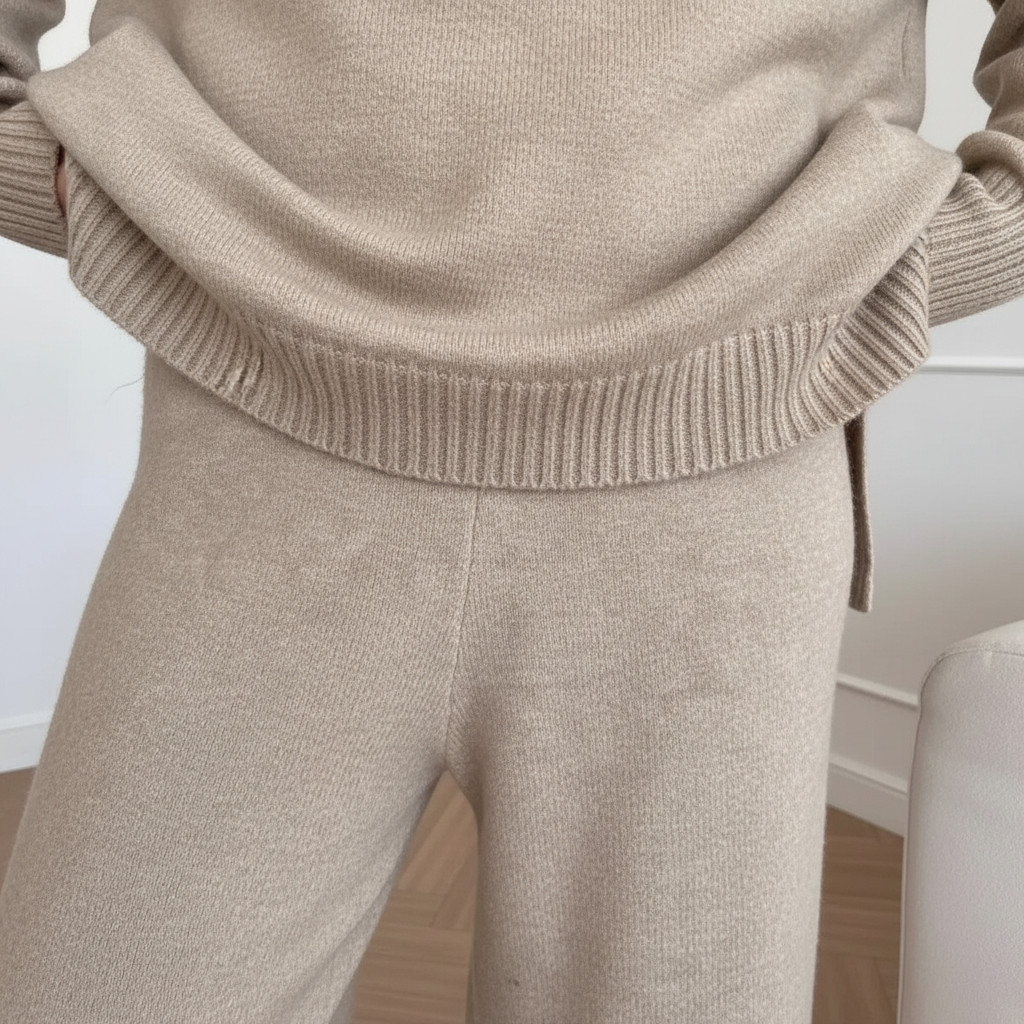 Stylish women's knit loungewear set featuring a soft sweater and matching joggers, one size fits all