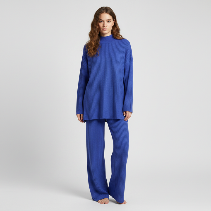 Autumn fashion essential: women's knit sweater and jogger set, perfect for cozy days at home