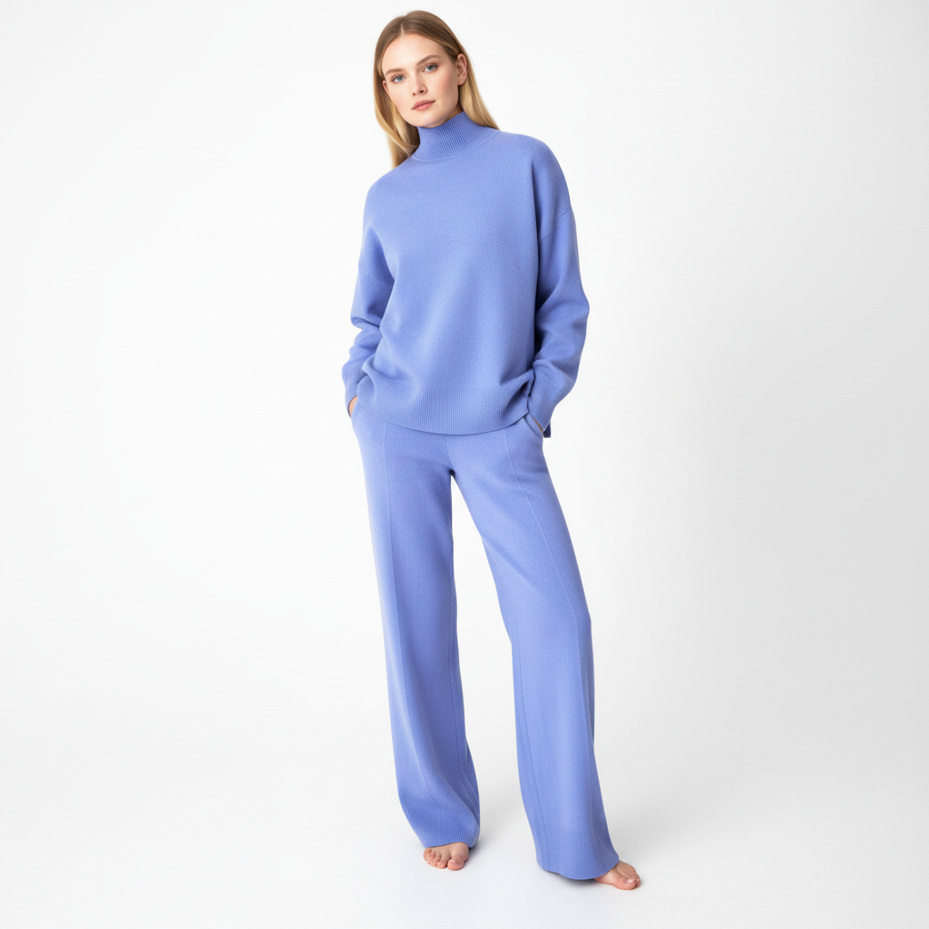 Women's knit loungewear set with a ribbed turtleneck sweater and relaxed-fit joggers, versatile sizing