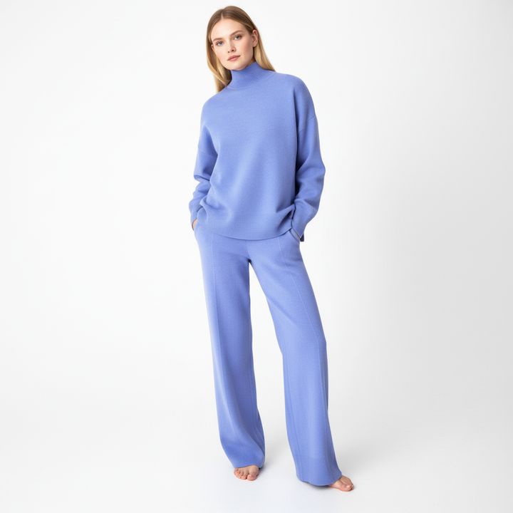 Women's knit loungewear set with a ribbed turtleneck sweater and relaxed-fit joggers, versatile sizing