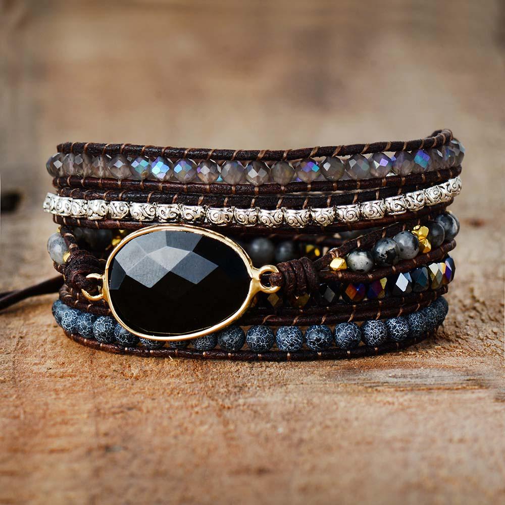 Women's Onyx & Moonlight Protective Wrap Bracelet, handmade boho style spiritual accessory
