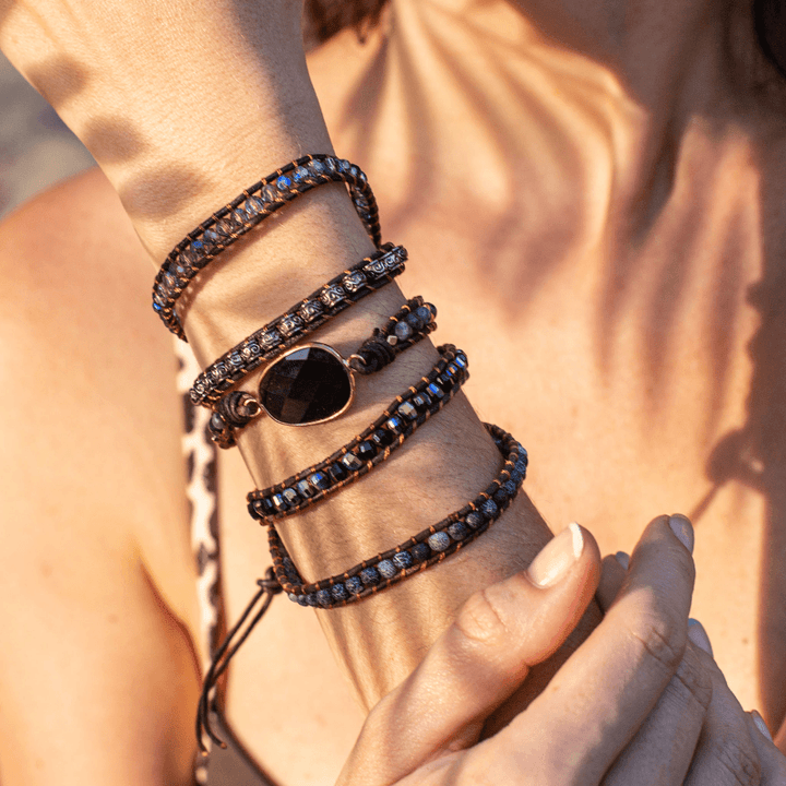 Lunara women's onyx wrap bracelet with quartz, healing stones, and protective properties