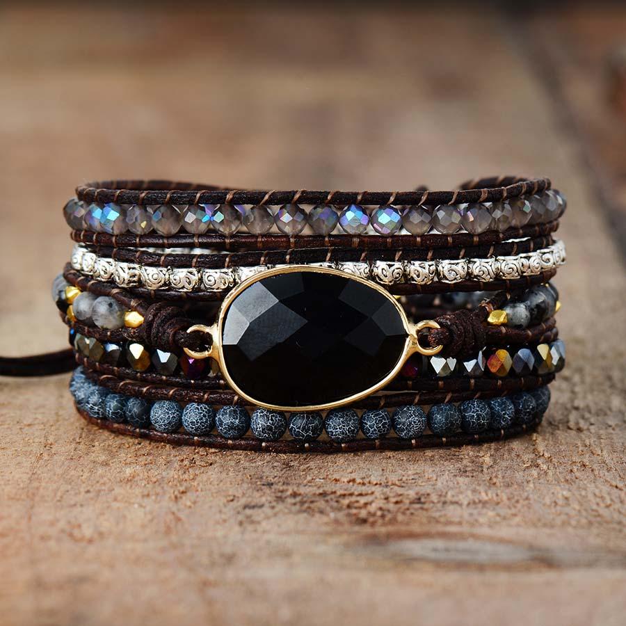 Handmade onyx and quartz wrap bracelet, a protective spiritual accessory for women