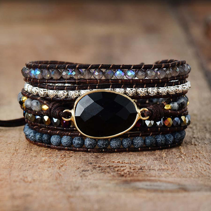 Handmade onyx and quartz wrap bracelet, a protective spiritual accessory for women
