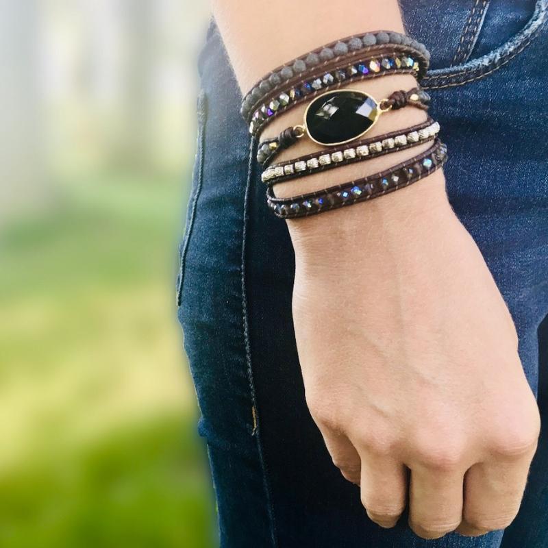 Onyx and moonstone protective wrap bracelet for women, ideal for spiritual well-being