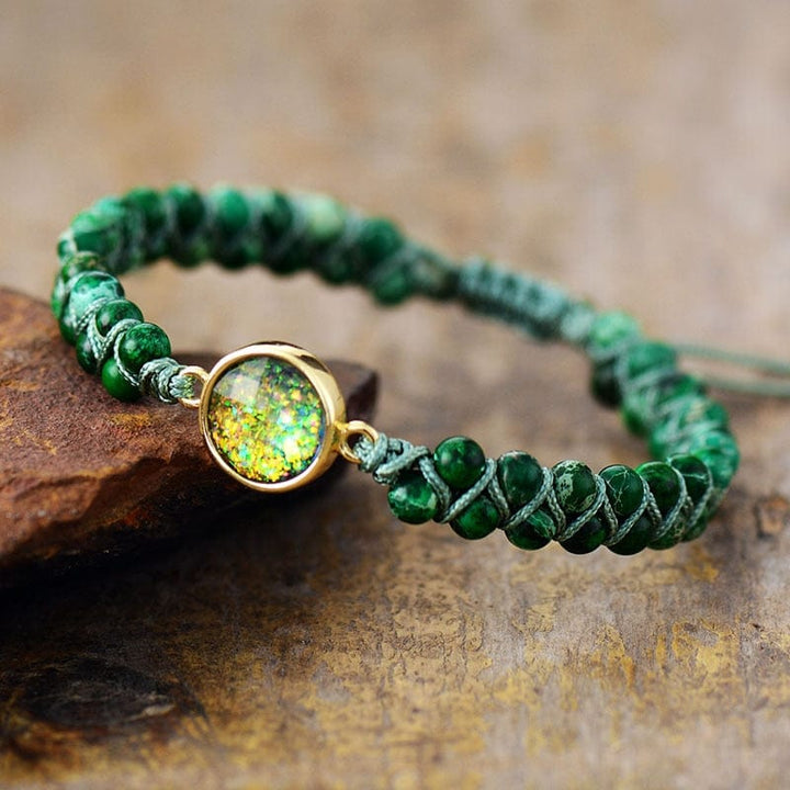 Boho-style women's bracelet featuring opal and jasper gemstones, ideal for spiritual jewelry and energy balance.