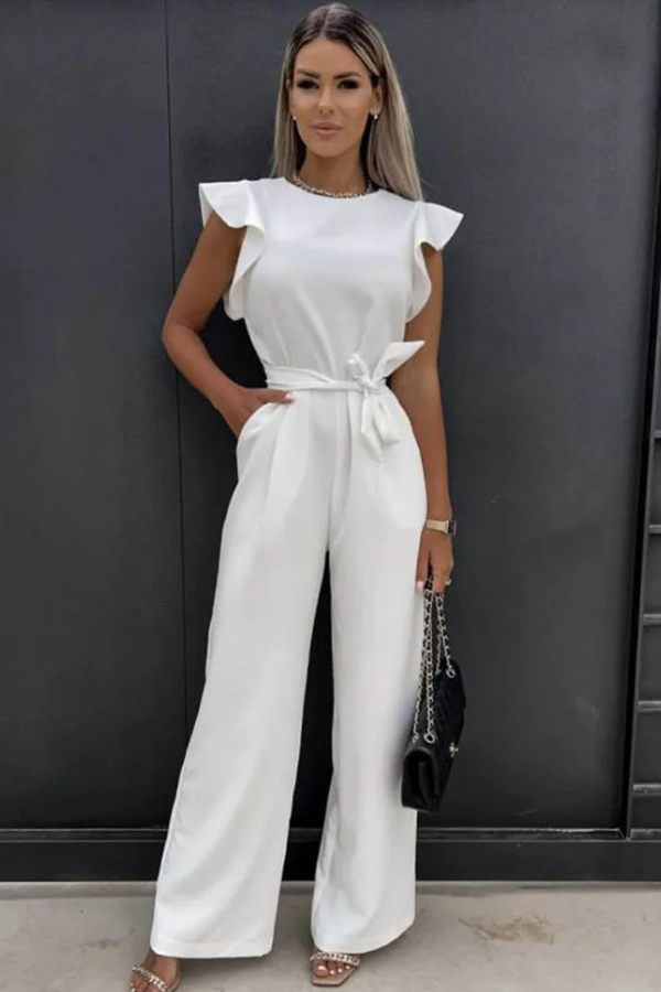 Beige women's open back high-waist jumpsuit. Modern spring fashion, versatile for elegant casual or party wear.