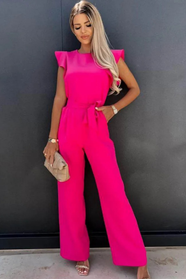 Pink women's open back high-waist jumpsuit. Stylish, comfortable, and elegant for spring fashion & party wear.