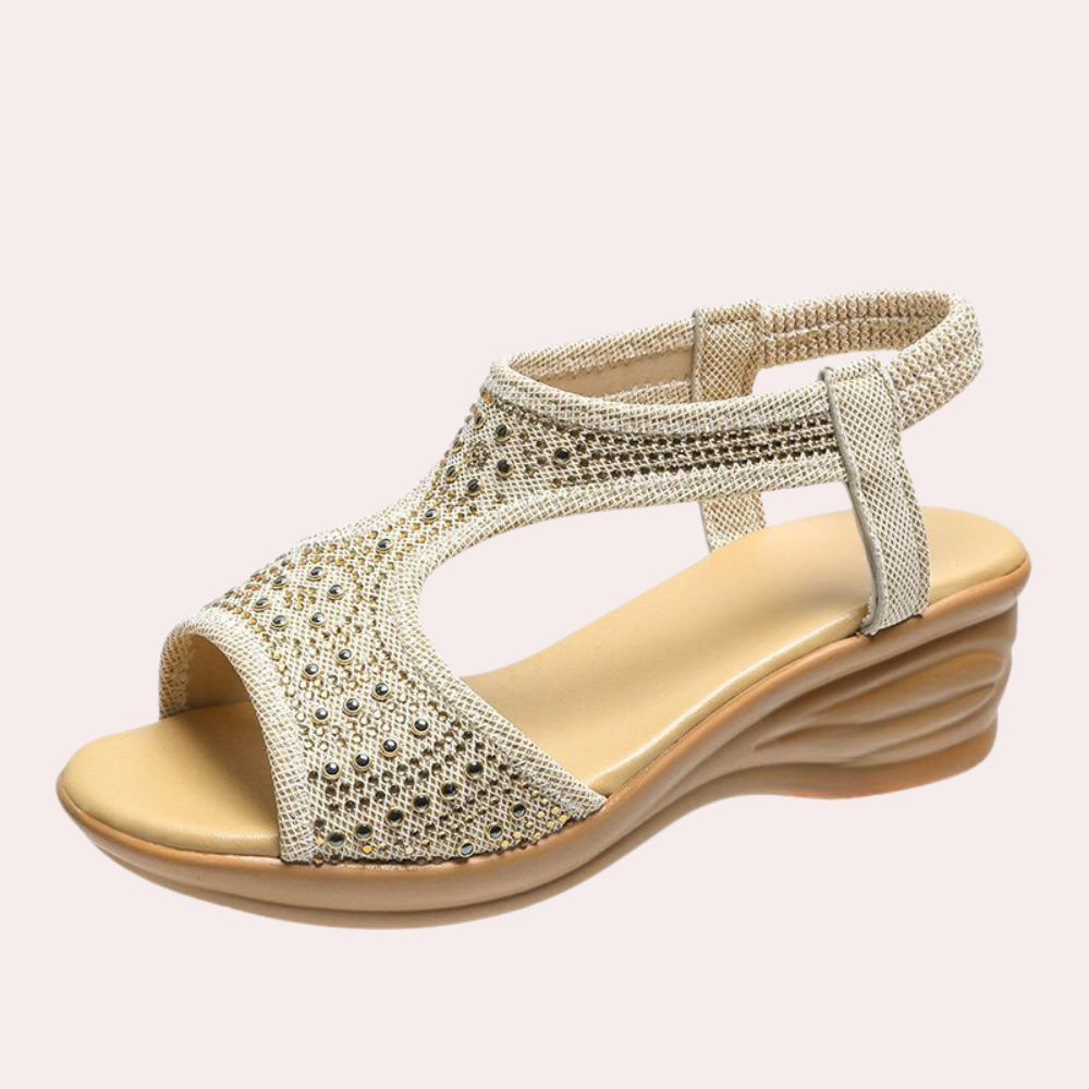 Comfortable women's open-front wedge sandals, providing stylish support for everyday casual wear.