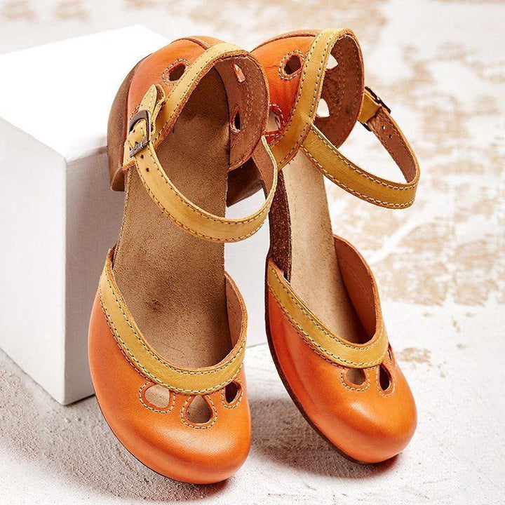 Elegant women's open toe sandals with a sturdy block heel and adjustable ankle strap, versatile footwear.