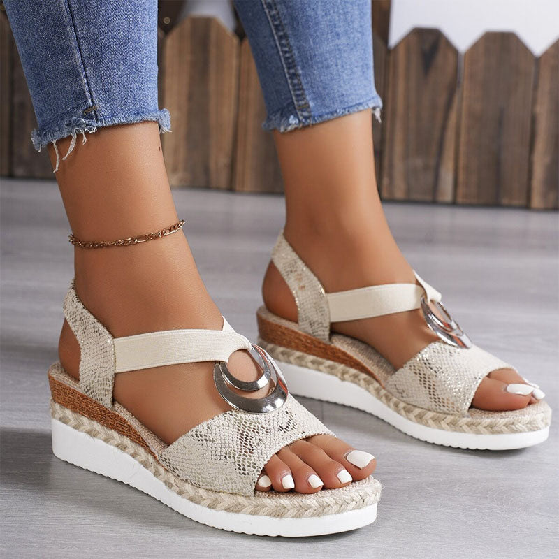 Women's elastic strappy platform wedge sandals with open toe & stylish metal ring detail, perfect for summer.