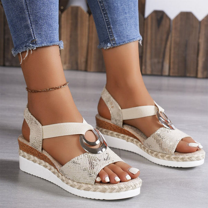 Women's elastic strappy platform wedge sandals with open toe & stylish metal ring detail, perfect for summer.