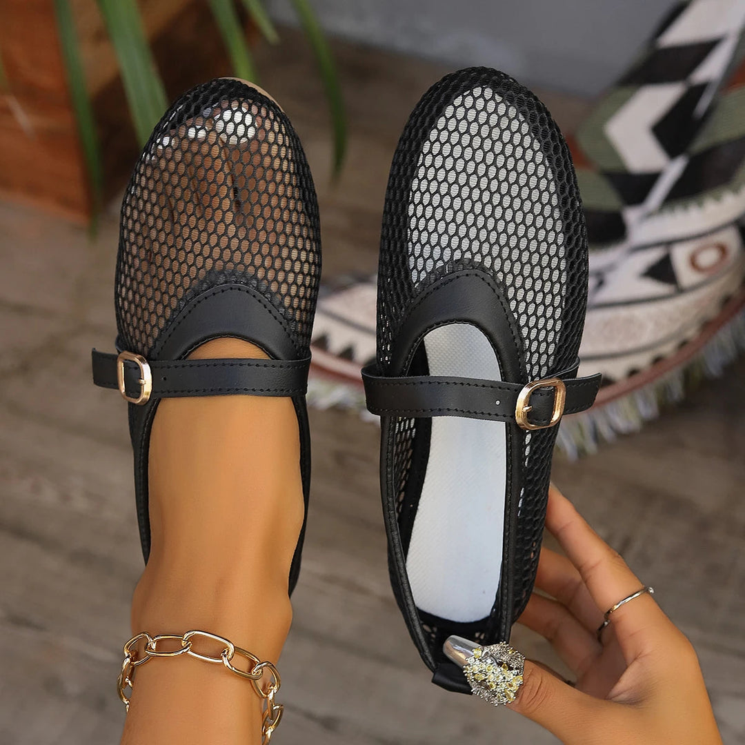 Women's lightweight open-weave Mary Jane flats, breathable for summer. Enjoy everyday comfort & style.